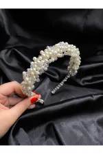 Kristal Taşlı Nişan, Kına, Gelin, Düğün, Abiye Tacı Kırık Beyaz