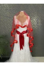 Kırmızı Gelin Duvak Kuşak Set Kına Gecesi Düğün Nikah