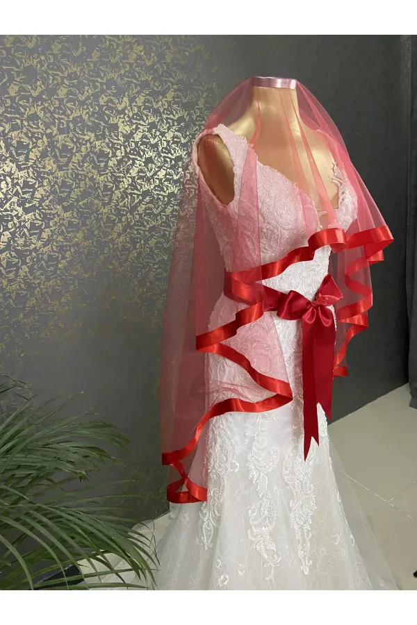 Kırmızı Gelin Duvak Kuşak Set Kına Gecesi Düğün Nikah