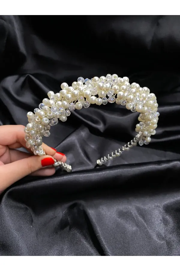Kristal Taşlı Nişan, Kına, Gelin, Düğün, Abiye Tacı Kırık Beyaz