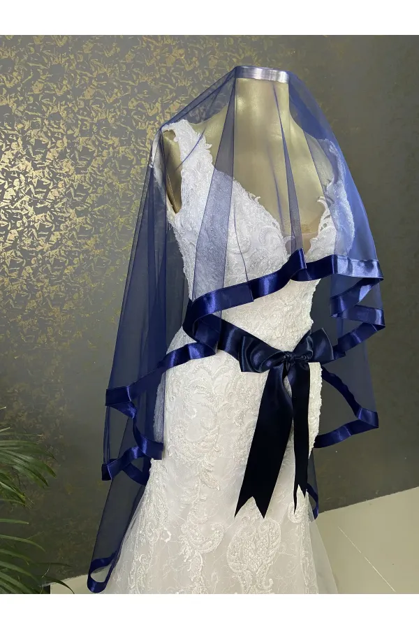 Lacivert Gelin Duvak Kuşak Set Kına Gecesi Düğün Nikah